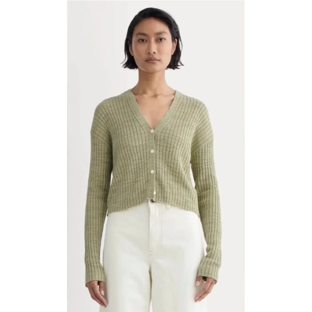 Everlane Eucalyptus Ribbed Linen Organic Cotton Cropped Cardigan Green Sz Medium